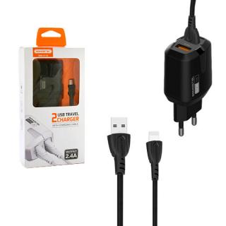 ŁADOWARKA SIECIOWA 2.4A + KABEL IPHONE CZARNA SOMOSTEL 2400mA 2XUSB DUAL SMS-A139