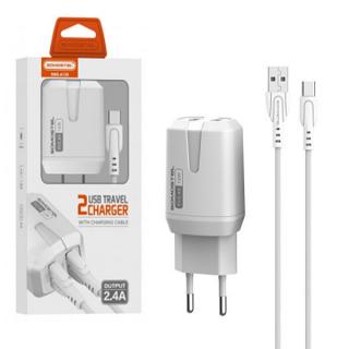 ŁADOWARKA SIECIOWA 2.4A + KABEL TYP-C BIAŁA USB-C SOMOSTEL 2400mA 2XUSB DUAL SMS-A139 12W