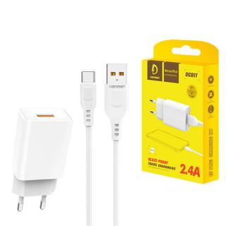 ŁADOWARKA SIECIOWA 2.4A + KABEL TYP-C USB BIAŁA DENMEN 2400mA DC01 12W