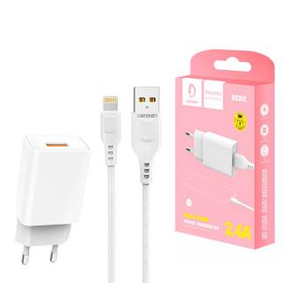 ŁADOWARKA SIECIOWA 2.4A + KABEL USB IPHONE  BIAŁA DENMEN 2400mA DC01 12W