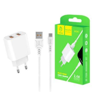 ŁADOWARKA SIECIOWA 2.4A + KABEL USB TYP-C BIAŁA DENMEN 2XUSB 2400mA DC05 12W