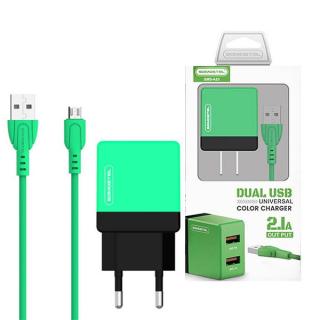 ŁADOWARKA SIECIOWA 2A 10,5W + KABEL MICRO USB ZIELONA SOMOSTEL 2100mA  DUAL SMS-A53 2XUSB