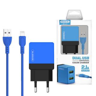 ŁADOWARKA SIECIOWA 2A + KABEL IPHONE NIEBIESKI SOMOSTEL 2100mA 2XUSB DUAL USB-C SMS-A53