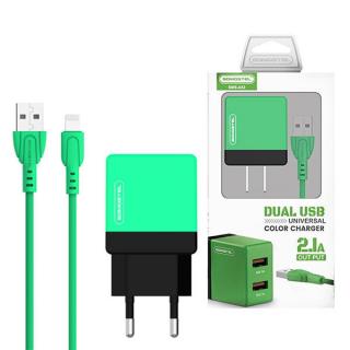 ŁADOWARKA SIECIOWA 2A + KABEL IPHONE ZIELONA SOMOSTEL 2100mA 2XUSB DUAL  SMS-A53