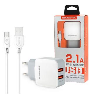 ŁADOWARKA SIECIOWA 2A + KABEL MICRO USB BIAŁA SOMOSTEL 2100mA 2XUSB DUAL SMS-A13