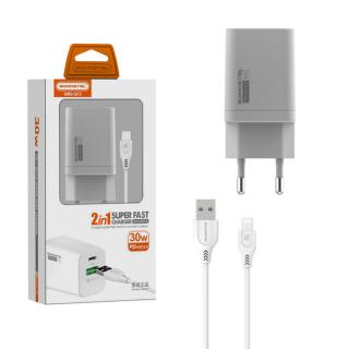 ŁADOWARKA SIECIOWA 30W + KABEL IPHONE BIAŁA SOMOSTEL POWER DELIVERY Q13 DUAL USB + PD