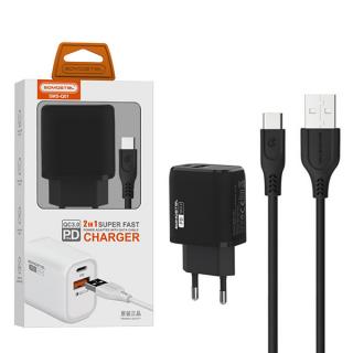 ŁADOWARKA SIECIOWA 3A 18W + KABEL TYP-C CZARNA SOMOSTEL POWER DELIVERY SMS-Q01 PD+USB