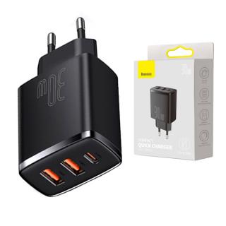 ŁADOWARKA SIECIOWA BASEUS COMPACT QUICK CHARGER, 2XUSB, USB-C, PD, 3A, 30W (CZARNA)