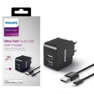 PHILIPS DLP2307V/12 ŁADOWARKA SIECIOWA 3A 15,5W + KABEL IPHONE 3100mA 2XUSB