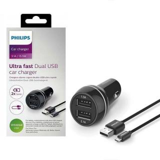 PHILIPS DLP2357U/10 ŁADOWARKA SAMOCHODOWA 2A+1A + KABEL MICRO USB 3100mA 2XUSB