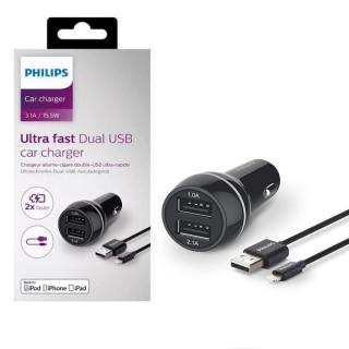 PHILIPS DLP2357V/10 ŁADOWARKA SAMOCHODOWA 2A +1A + KABEL IPHONE MFI 3100mA