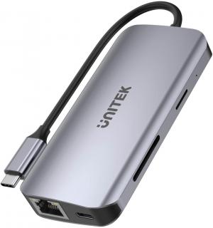 Unitek D1122A01 Aktywny hub USB-C 5Gbps, 2x HDMI 4K, czytnik kart, RJ-45, PD 100W