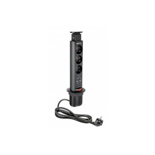 Biurkowy przedłużacz wpuszczany 60mm, 3x gniazdo z uziemieniem, 2xUSB 2,1A 5V (czarny)  AE-BPW3U60U-20/GTV