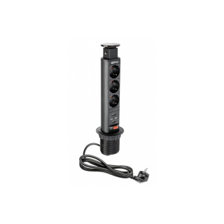Biurkowy przedłużacz wpuszczany 60mm, 3x schuko, 2xUSB 2,1A 5V (czarny)  AE-BPW3S60U-20/GTV