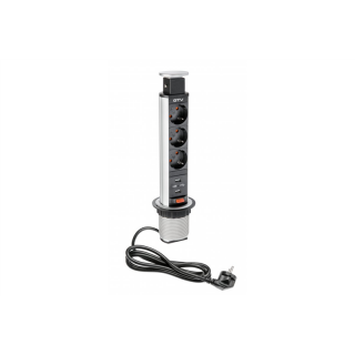 Biurkowy przedłużacz wpuszczany 60mm, 3x schuko, 2xUSB 2,1A 5V (srebrny)  AE-BPW3S60U-80/GTV