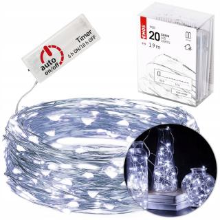 Dekoracje - 20 LED nano łezki 1,9m 2x AA zimna biel, srebrny przewód, IP20 timer  D3AC07/EMO