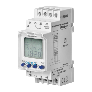 Elektroniczny programator astronomiczny i czasowy, 100 programów, 3 języki menu, 2 wyjścia przekaźnikowe max.16A/230V, szerokość 2 moduły, DIN TH-35mm  OR-PRE-451/ORN
