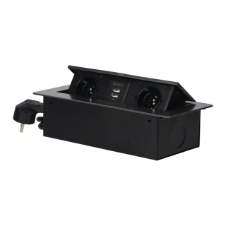 Gniazda meblowe wpuszczane w blat z płaskim frezowanym rantem, ładowarką USB i przewodem 1,5m, 2x2P+Z, 2xUSB, grafitowe  OR-AE-13126/GR/ORN