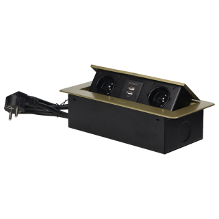 Gniazda meblowe wpuszczane w blat z płaskim frezowanym rantem, ładowarką USB i przewodem 1,5m, 2x2P+Z, 2xUSB, kolor mosiądzu  OR-AE-13126/BR/ORN