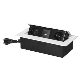 Gniazda meblowe wpuszczane w blat z płaskim frezowanym rantem, ładowarką USB i przewodem 1,5m, 2x2P+Z, 2xUSB (typ A+C; 3,6A), białe  OR-GM-9035/W/ORN