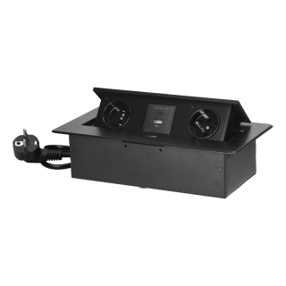 Gniazda meblowe wpuszczane w blat z płaskim frezowanym rantem, ładowarką USB i przewodem 1,5m, 2x2P+Z, 2xUSB (typ A+C; 3,6A), czarne  OR-GM-9035/B/ORN