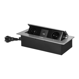 Gniazda meblowe wpuszczane w blat z płaskim frezowanym rantem, ładowarką USB i przewodem 1,5m, 2x2P+Z, 2xUSB (typ A+C; 3,6A), srebrne  OR-GM-9035/G/ORN