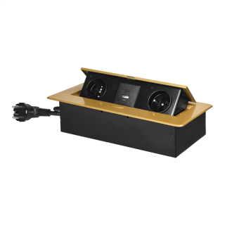 Gniazda meblowe wpuszczane w blat z płaskim frezowanym rantem, ładowarką USB i przewodem 1,5m, 2x2P+Z, 2xUSB (typ A+C; 3,6A), złote  OR-GM-9035/C/ORN