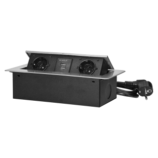 Gniazda meblowe wpuszczane w blat z płaskim frezowanym rantem, ładowarką USB i przewodem 1,5m, 2x2P+Z (Schuko), 2xUSB, srebrne  OR-AE-13126(GS)/G/ORN