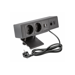 Gniazdo meblowe BAR, 2x gniazdo schuko, 1xUSB A, 1xUSB C. 1xRJ45, 1xHDMI,, kabel 1.5m, czarne  AE-GM2SBAR-20/GTV