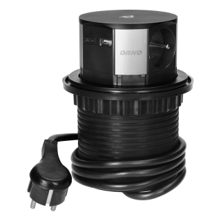 Gniazdo meblowe O10cm wysuwane z blatu z ładowarką indukcyjną, ładowarką USB i przewodem 1,5m, 3x2P+Z, Qi 1.2.4 max. 10W, USB A+C QC 3.0  OR-GM-9017/ORN