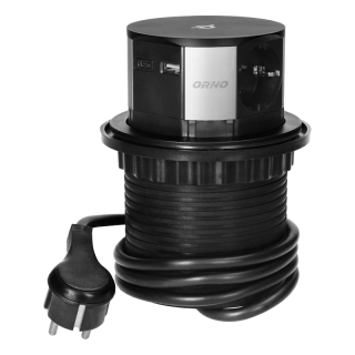 Gniazdo meblowe O10cm wysuwane z blatu z ładowarką indukcyjną, ładowarką USB i przewodem 1,5m, 3x2P+Z (Schuko), Qi 1.2.4 max. 10W, USB A+C QC 3.0  OR-GM-9017(GS)/ORN