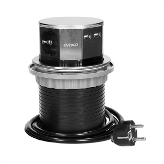 Gniazdo meblowe O10cm wysuwane z blatu z ładowarką USB i przewodem 1,5m, 3x2P+Z, 2xUSB, INOX, schuko  OR-AE-1381(GS)/ORN