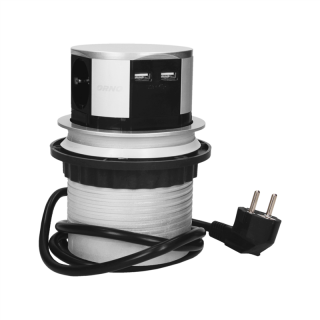 Gniazdo meblowe O10cm wysuwane z blatu z ładowarką USB i przewodem 1,5m, 3x2P+Z, 2xUSB, wersja schuko  OR-AE-1342(GS)/ORN