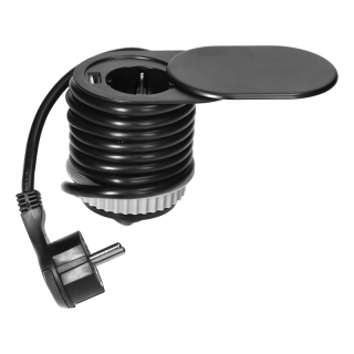 Gniazdo meblowe O6cm, czarne, wpuszczane w blat z przesuwną pokrywką, ładowarką USB i przewodem 1,9m, 1x2P+Z, 1xUSB (2,4A), 3x1,5mm2, wersja Schuko  OR-AE-13124(GS)/B/ORN