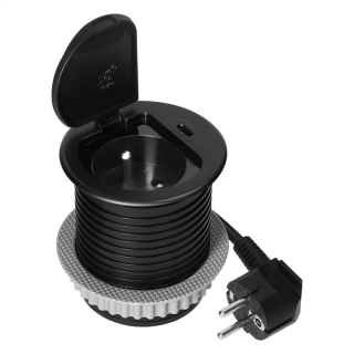 Gniazdo meblowe O6cm wpuszczane w blat z pokrywką, ładowarką USB i przewodem 1,9m, 1x2P+Z (French), 1xUSB (typ C; 20W), czarne  OR-GM-9040/B/ORN