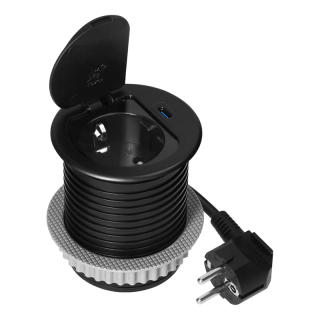 Gniazdo meblowe O6cm wpuszczane w blat z pokrywką, ładowarką USB i przewodem 1,9m, 1x2P+Z (Schuko), 1xUSB (typ C; 20W), czarne  OR-GM-9040(GS)/B/ORN