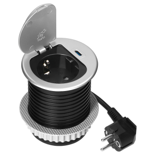 Gniazdo meblowe O6cm wpuszczane w blat z pokrywką, ładowarką USB i przewodem 1,9m, 1x2P+Z (Schuko), 1xUSB (typ C; 20W), srebrne  OR-GM-9040(GS)/ORN