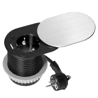Gniazdo meblowe O6cm, wpuszczane w blat z przesuwną pokrywką, ładowarką USB i przewodem 1,9m, 1x2P+Z (Schuko), 1xUSB (typ A+C; PD20W), srebrne  OR-GM-9042(GS)/G/ORN