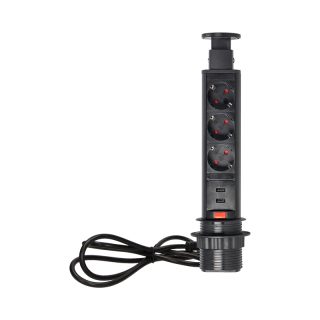 Gniazdo meblowe O6cm wysuwane z blatu z ładowarką USB, blokadą i przewodem 1,8m, 3x2P+Z (Schuko), czarne  OR-AE-1349(GS)/B/ORN