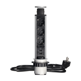 Gniazdo meblowe O6cm wysuwane z blatu z ładowarką USB, blokadą i przewodem 1,8m, 3x2P+Z (Schuko), srebrne  OR-AE-1349(GS)/ORN