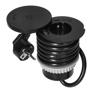 Gniazdo meblowe O6cm z rotacyjną pokrywą, ładowarką indukcyjną, ładowarką USB i przewodem 1,5m, 1x2P+Z, Qi 1.2.4 max. 10W, 2xUSB (typ A i typ C, 2,4A), czarne  OR-GM-9028/ORN
