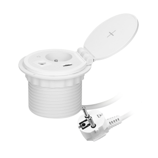 Gniazdo meblowe O8cm wpuszczane w blat z ładowarką indukcyjną, ładowarką USB z 2 gniazdami A i C, przelotką kablową i przewodem 1,8m, 1x2P+Z, 2xUSB 2,4A 5V, białe  OR-GM-9015/W/ORN