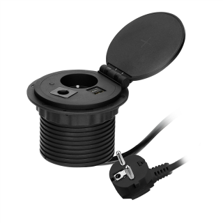 Gniazdo meblowe O8cm wpuszczane w blat z ładowarką indukcyjną, ładowarką USB z 2 gniazdami A i C, przelotką kablową i przewodem 1,8m, 1x2P+Z, 2xUSB 2,4A 5V, czarne  OR-GM-9015/B/ORN