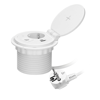 Gniazdo meblowe O8cm wpuszczane w blat z ładowarką indukcyjną, ładowarką USB z 2 gniazdami A i C, przelotką kablową z przewodem 1,8m, 1x2P+Z (Schuko), 2xUSB 2,4A 5V, białe  OR-GM-9015(GS)/W/ORN