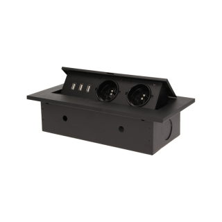 Gniazdo meblowe wpuszczane w blat z grubym rantem, 2x2P+Z, 3 porty USB, czarne  OR-AE-1324/B/ORN