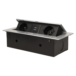 Gniazdo meblowe wpuszczane w blat z płaskim frezowanym rantem i ładowarką USB, 2x2P+Z, 2xUSB, srebrny  OR-AE-13109/G/ORN