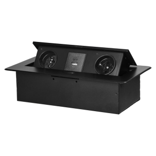 Gniazdo meblowe wpuszczane w blat z płaskim frezowanym rantem i ładowarką USB, 2x2P+Z, 2xUSB (typ A+C; 3,6A), czarne  OR-GM-9034/B/ORN