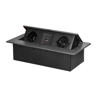 Gniazdo meblowe wpuszczane w blat z płaskim frezowanym rantem i ładowarką USB, 2x2P+Z, 2xUSB (typ A+C; 3,6A), grafitowe  OR-GM-9034/GR/ORN