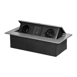 Gniazdo meblowe wpuszczane w blat z płaskim frezowanym rantem i ładowarką USB, 2x2P+Z, 2xUSB (typ A+C; 3,6A), srebrne  OR-GM-9034/G/ORN