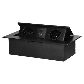 Gniazdo meblowe wpuszczane w blat z płaskim frezowanym rantem i ładowarką USB, 2x2P+Z (Schuko),2x USB (typ A+C; 3,6A), czarne  OR-GM-9034(GS)/B/ORN